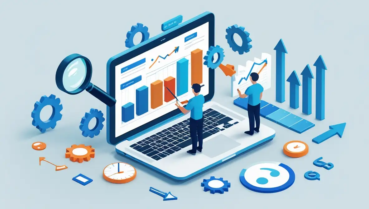 سئو داخلی تصویر یک کامپیوتر که دو نفر روش وایستادن دارن کار انجام میدن