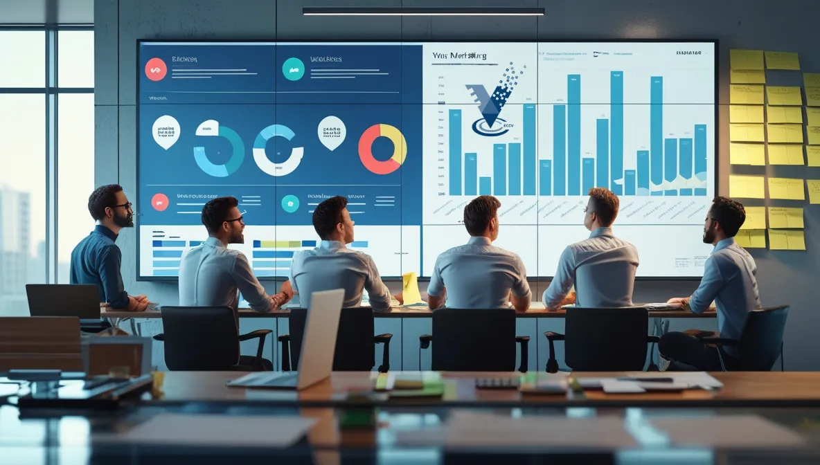 تصویر مطلب شغل دیجیتال مارکتینگ چیست تصویر یک تیم که در حال بررسی امار هستند