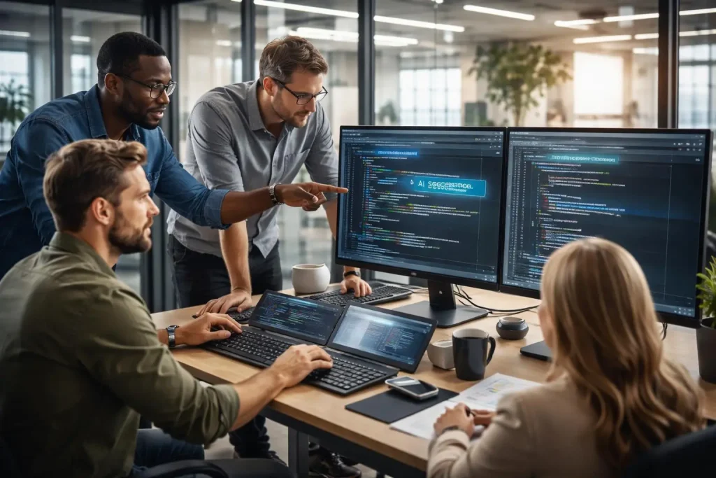 تصویر یک تیم برنامه نویسی که در حال بررسی یک کد در کامپیوتر هستند